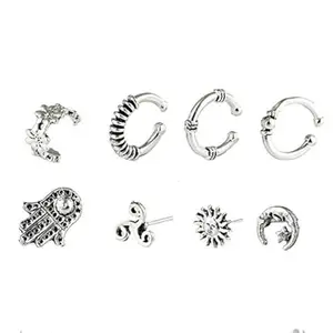 Yellow Chimes Ear Cuffs for Women Combo of 8 Pcs Earcuffs Women's Oxidised Silver Bohemian Mismatch Fashion Ear Stud Earrings For Women and Girls