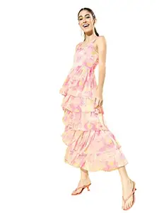 SERA Women's Polyester Fit and Flare Maxi Casual Dress (LA2928- Pink_S)