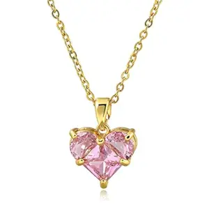 Myjewel Gold Plated Anti-Tarnish Pink Heart Themed CZ Pendant Necklace for Women