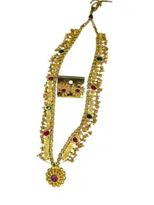 Traditional Kolhapuri Saaj Gold Necklace Set with Gemstones (10 inch)