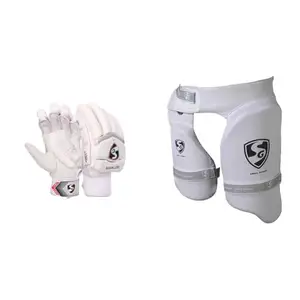 SG Test White Cricket Batting Gloves Mens Size (Right), Cotton & SG Ultimate (Combo) Right Hand Thigh Pads, Adult (Assorted)