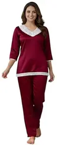 MyNatika Vintage Style Satin Night Suit with Intricate Lace Details Women Silk Feel Pajama Set for Tall Girls Lace V Neck Top with Long Pants Soft Comfortable Nightwear (L-XL)