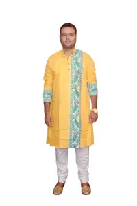 Men's Cotton Jamdani Kurta with Decorative Border, Multiple Colors Available, Sizes M-XXL (in, Alpha, 2XL, Size-M,L,XL,XXL Yellow Green)