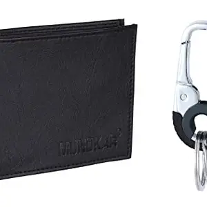 Mundkar Leather Black Wallet & Keychan Hook Men's Gift Set