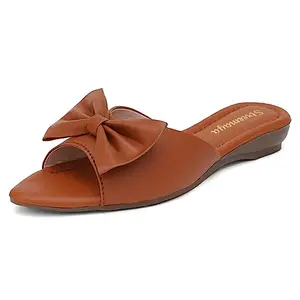 Streemaya Stylish Fancy and Comfortable Open Toe Pointed Slip on with Bow|Womens Ladies Girls Comfortable Slip on |Heel 1.5 inch |SM 06 Tan