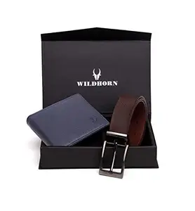 WildHorn Gift Hamper for Men - Wellington Navy Blue Leather Wallet and Brown Belt Men's Combo Gift