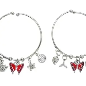 Charm Bangle Bracelet with Red Butterfly and Nature Themed Silver Pendants For Womens And Girls Gift