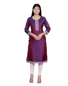 samikshafashion Women's Satin Embroidered Printed Straight Kurti