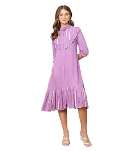 DEEBACO Solid Rayon Women's Tiered Shirt Dress|Mandarin Collar Half Sleeve Regular Fit Calf Length|Western Party Casual Wear Summer Collection Ladies Dress (DBDR00001816_XXL_Lavender)