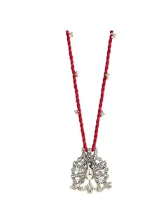 Decorative Peacock Pendant Necklace with Red Braided Cord, Antique Silver Finish