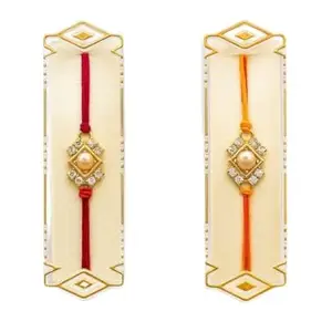 Designer Rakhi Set with Pearl and Crystal Embellishments, Red and Orange Thread, 2 Pieces+Roli & Cahwal +Choco Pie