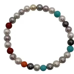 Pearl Beaded Bracelet with Multicolored Gemstone Accents, Stylish Women's Fashion Jewellery