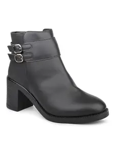 Inc.5 Women Black Block Heel Boots with Buckle Detail