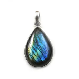G-Vogue Ethnic designer Silver Plated Natural Blue Fire Labradorite Gemstone Pear Shape Stone Pendant for Men Women Girls