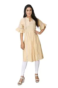 Women's Casual Short Sleeve Silk Blend Printed Kurti (Beige, M)-PID46427