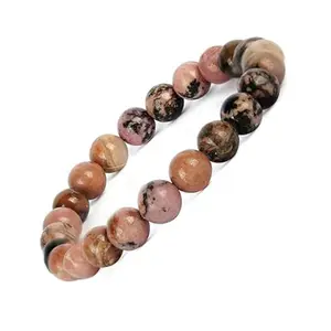 Azecon Natural Black Rhodonite Healing Stone Bracelet, Black and Pink Crystal Beads, Handmade Energy Protection Jewellery