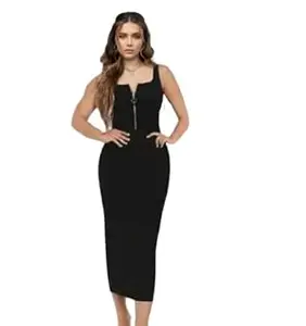 Elegant Women’s Black Bodycon Midi Dress – Sleeveless Slim Fit Dress with Front Zip | Stretchable Stylish Party & Casual Dress for Girls and Women