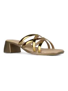 Inc.5 Womens Golden Party Wear Striped Square Toe Block Heel Sandals