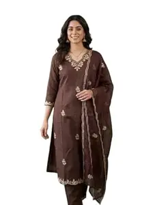 ALAKHI STUDIO Women's Cotton Blend Kurta Pant Dupatta Set | Embroidered Neck Design with 3/4 Sleeves | Ethnic Outfit for Wedding, Party & Casual Wear | Traditional Festive Dress for Women