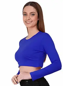 THE BLAZZE 1089 Women's Basic Sexy Solid Round Neck Slim Fit Full Sleeve Crop Top T-Shirt for Women (Small(30"-32"), Royal Blue)