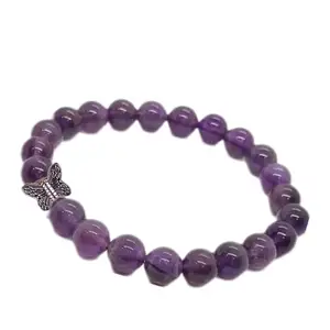 Shircreations Handmade Amethyst Healing Crystal BraceletWith Butterfly Charm – Natural 8mm Beads for Stress Relief, Meditation & Spiritual Healing – Stretchable Yoga Bracelet for Men & Women