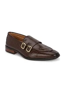 HiREL'S Mens Brown Patent Formal Shoes Double Monk (Croc Patent Design
