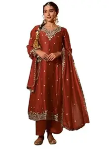 Naixa Women's Vichitra Silk Embroidered A-Line Kurta with Pant and Dupatta Sets (NX-845)