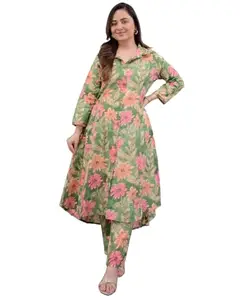 Heritage Hues’s Greenish Red Cotton Top & Bottom Set: Floral Print, Relaxed Fit || Set for Women and Teenage Girls (K22-Gtp1-M1)