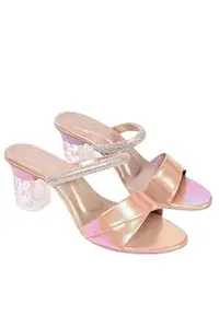 DayV Women's Block Heel Sandals, Iridescent Pink, Rhinestone Embellished Strap, Acrylic Heel