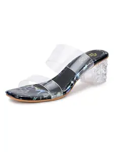 Jking Women's Transparent Block Heels | Marble Effect Crystal Look | Clear Strap Stylish Slip-On Mules for Women-Black,6 UK
