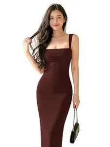 Aahwan Solid Bodycon Square Neck Long Party Dress for Women's & Girl's