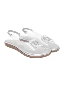 Shoetopia Embellished Silver Flat Sandals For Women & Girls