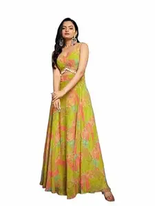 RANGPOSHAK Lime Green Georgette Floral Printed Gown, Sleeveless Cut-Out Maxi Dress with Micro Cotton Inner, Fully Stitched