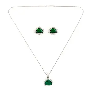 XPNSV Luxury Girl & Women Abstract Emerald & Diamonds studded necklace with Matching Studs Earrings Light Weight Fashion Jewellery | Silver & Green