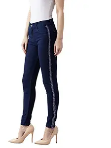 Dolce Crudo Women's Navy Blue Skinny Fit Mid Rise Regular Length Fringe and Lace Detailing Denim Stretchable Jeans(DOSS19DEN08-08-71-26,Navy Blue,26)