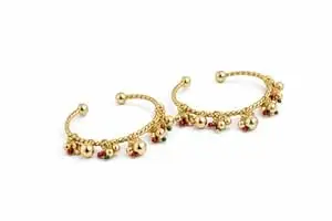 JEWELS BY ARAINA Gold-Toned Adjustable Bangle Set of 2 with Ghungroo and Red-Green Bead Detailing, Handcrafted Ethnic Jewelry