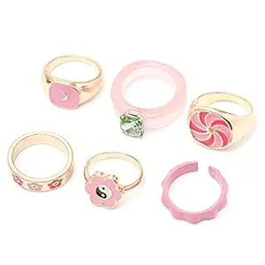 Jewels Galaxy Jewellery For Women Gold Plated Pink Rings Set of 6 (JG-PC-RNG-939)