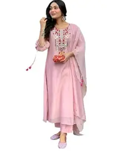 NOORE Women's Cotton Mirror Work Embroidered Straight Kurti With Pant and Dupatta Set