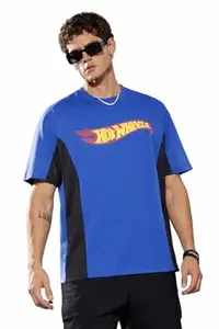 The Souled Store Hot Wheels: Men and Boys Short Sleeve Round Neck Blue Graphic Printed Casual Lightweight Drop Shoulder Streetwear Trendy Oversized T-Shirt