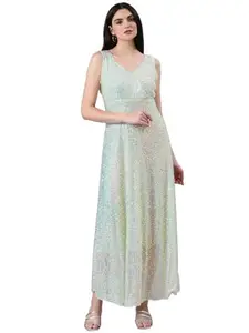 SHOWOFF Women's V-Neck Sleeveless A-Line Embellished Sea Green Maxi Dress-SRA-7042_Seagreen_M