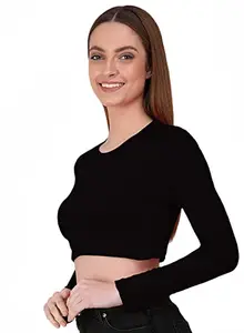 THE BLAZZE 1089 Women's Basic Sexy Solid Round Neck Slim Fit Full Sleeve Crop Top T-Shirt for Women (XX-Large(38?-40"), A - Black)