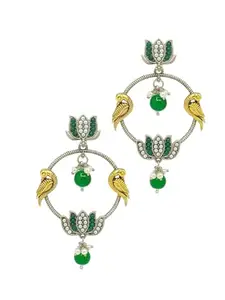Femmibella Silver-Plated Kundan Studded Lotus Tribal Drop Earrings | Yellow & Green Dangler Earrings For Women and Girls