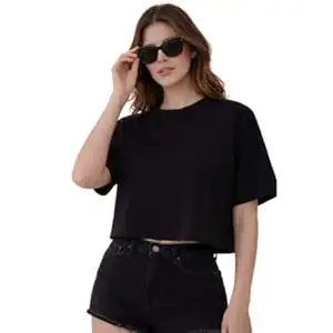 NAVRAAH Women's Oversized Crop Top, Black, Cotton Blend, Half Sleeve Round Neck Casual T-Shirt for Office, College