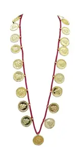 Traditional Maharashtrian Gold-Plated Coin Necklace, Red Thread, American Diamond Stones, Copper Base