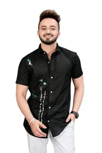 Men's Floral Print Slim Fit Casual Shirt, Spread Collar (in, Alpha, XL, Regular, Black)