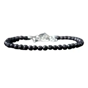 RRJEWELZ Volcanic Lava Round Beaded Bracelet – Smooth 4mm Black Stones with Silver Lock – 7 Inch Adjustable link Bracelet for Men & Women|LCBR_RR_06592