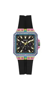 GUESS Silicone Women 34mm Analog Watch - Black Strap, Dial, Iridescent Case, Classic