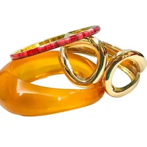 Fuschianet Accessories Uneven Orange Resin, Brass Red Thin, Golden Anti Tarnish Stackable Bangles Combo for Women and Girls Set of 3