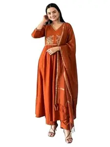 GoSriKi Women’s Viscose Blend Embroidered Gown Style Kurta Set with Pant and Dupatta | Ladies Ethnic Three Piece Outfit | V Neck 3/4 Sleeve Long Kurta Pant Dupatta Set