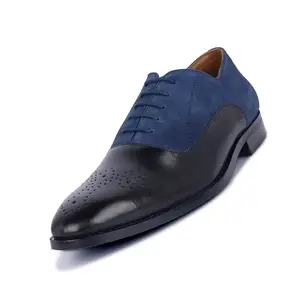 LOUIS STITCH Men's Formal Shoes - Handcrafted European Italian Suede Leather Brogues - Lace-Up Business, Formal, Shoes - Dual Tone Patina Finish - Blue, Black - UK Size 11 (EUBGSU-BUJB)